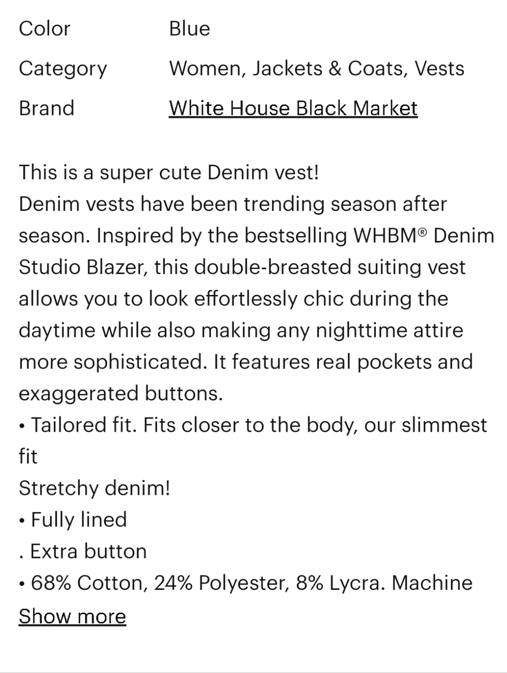 White House Black Market Dark Blue Denim Sleeveless Vest with Gold Buttons - Picture 11 of 11